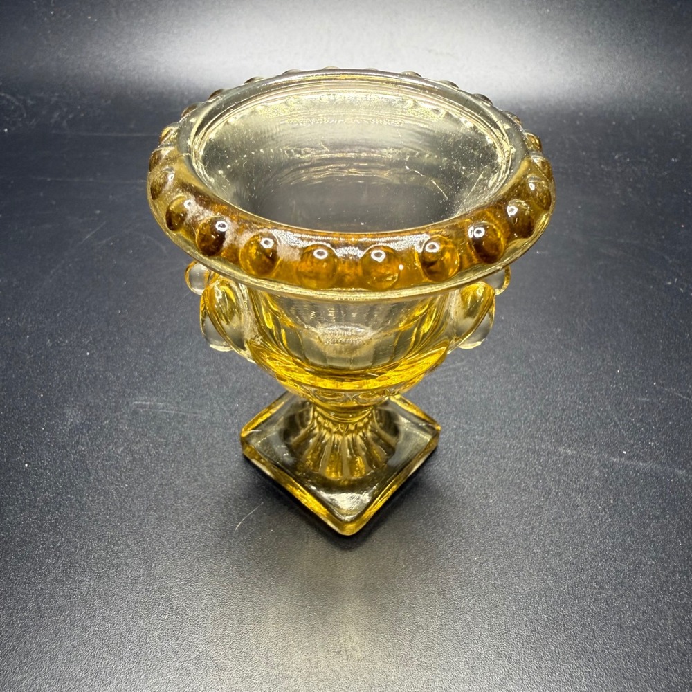 Vintage Amber Glass Toothpick Holder Miniature Urn Pedestal Beaded Rim Yellow - Picture 3 of 5